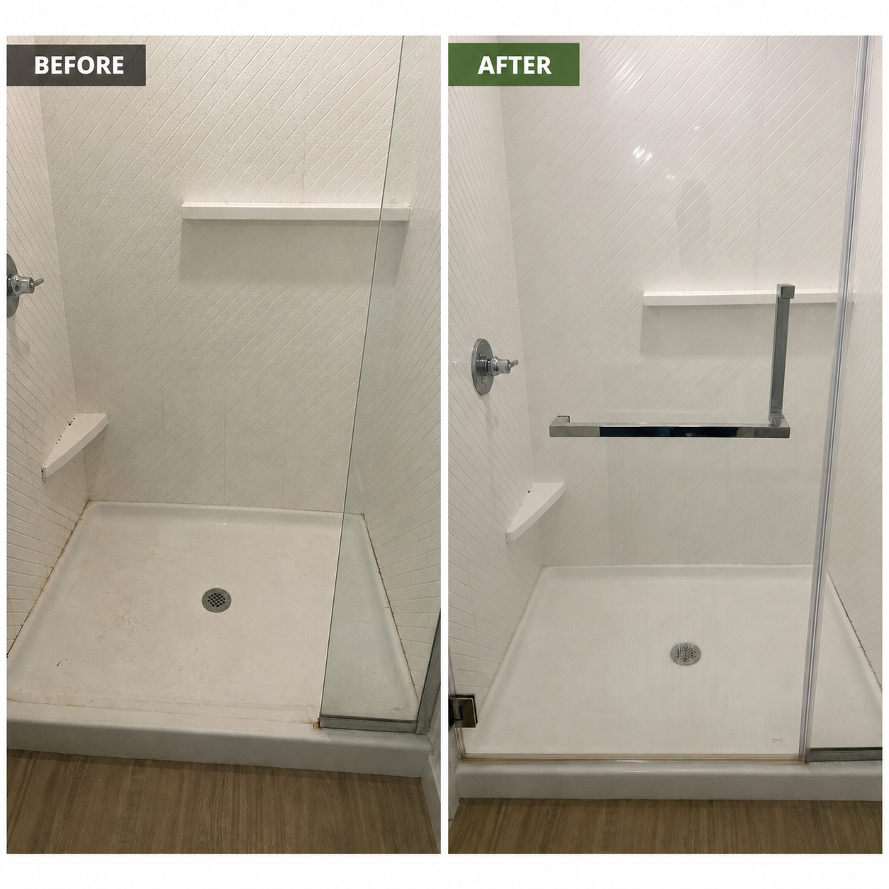 Before and after photo of a shower stall deep cleaned by True Haven Cleaners
