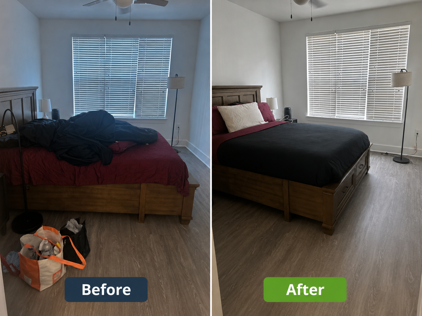 Before and after photo of a bedroom with cleaned floors, made bed, and organized space