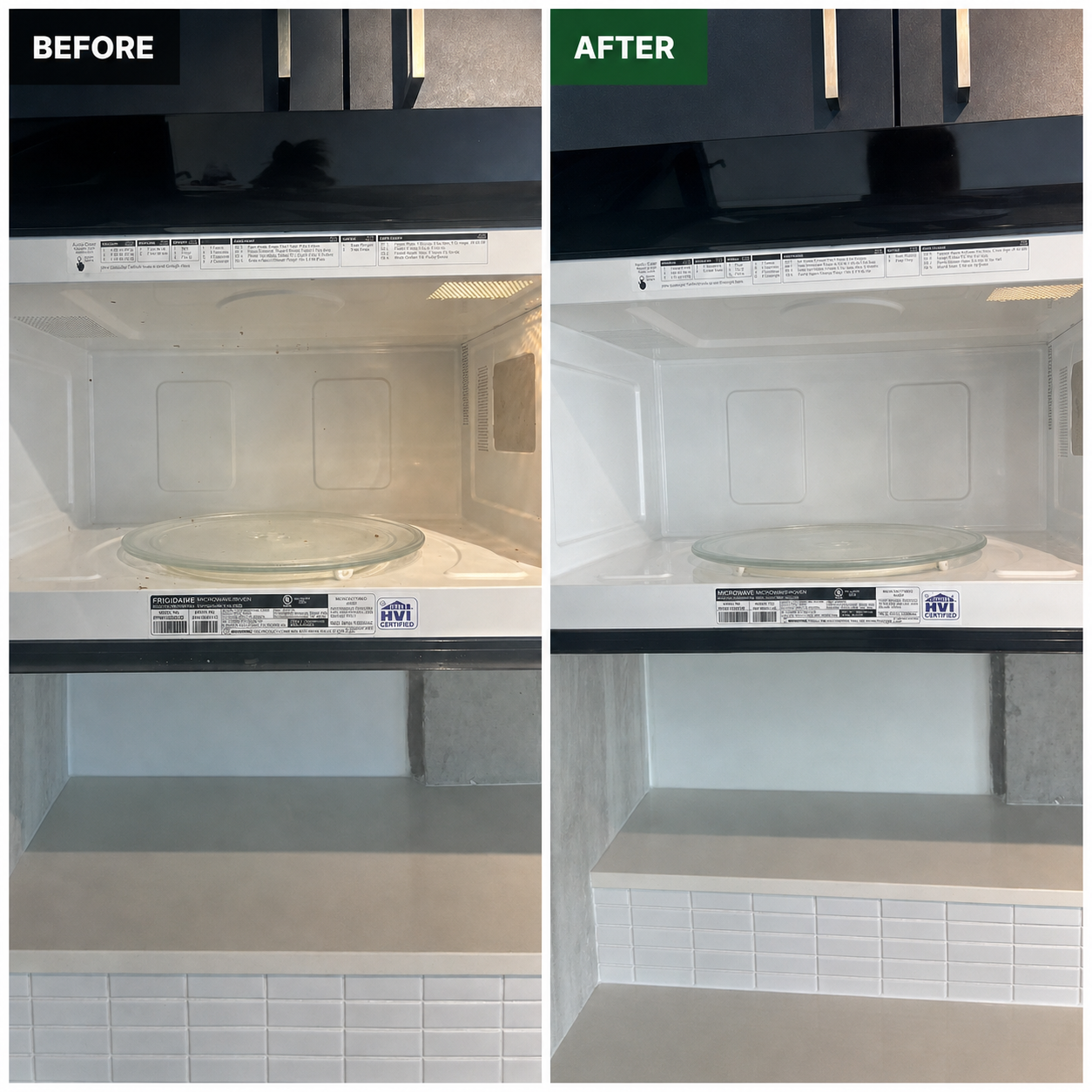 Before and after photo of a microwave interior cleaned spotless